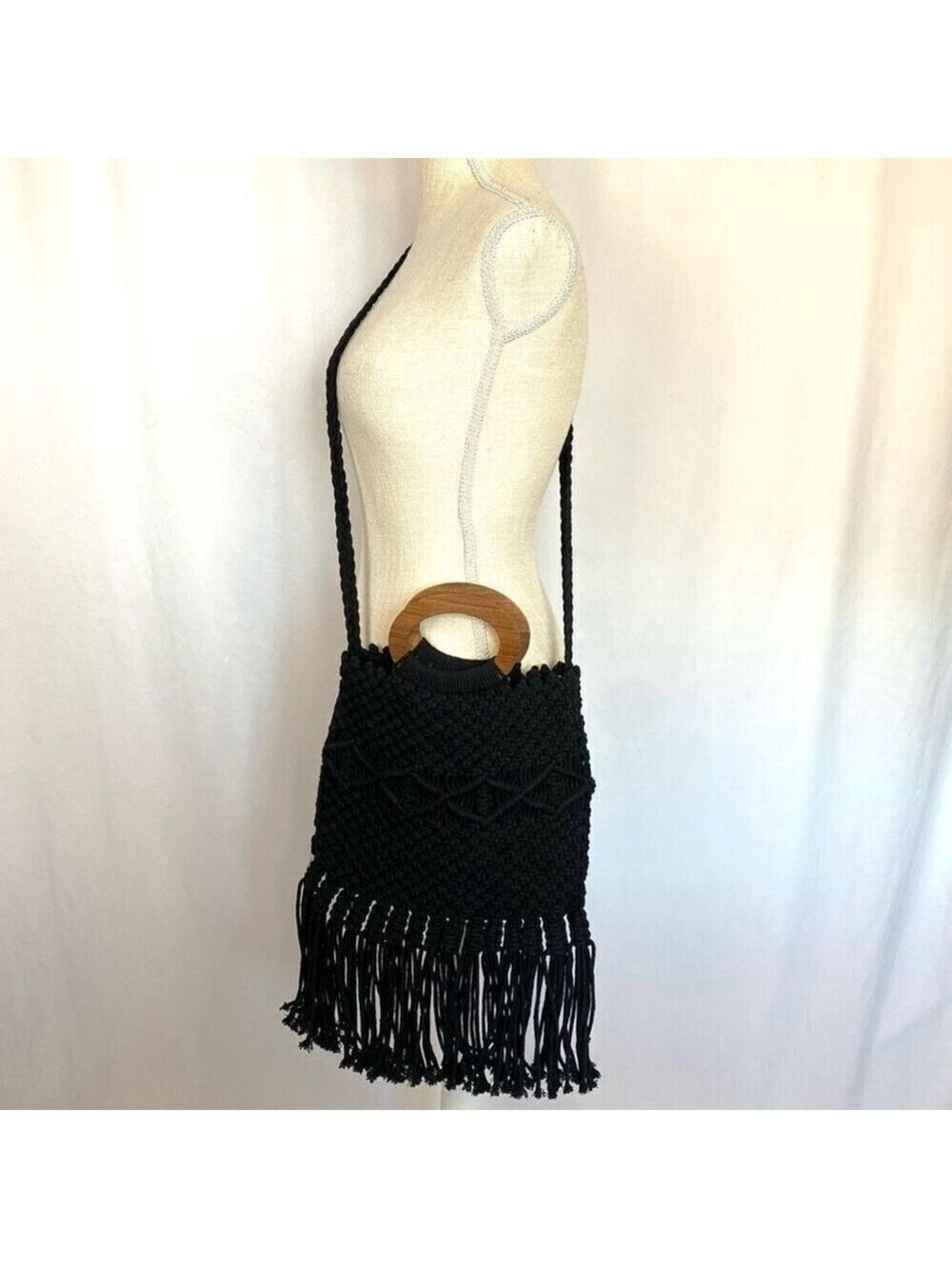 Anthropologie Danielle Nicole Black Boho Retro Macrame Bag Crossbody Tote